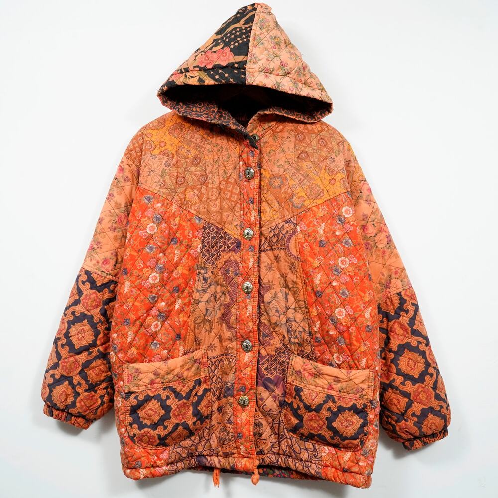 Vintage Style Patchwork Quilted Jacket Womens L Boho Cozy Relaxed Fit